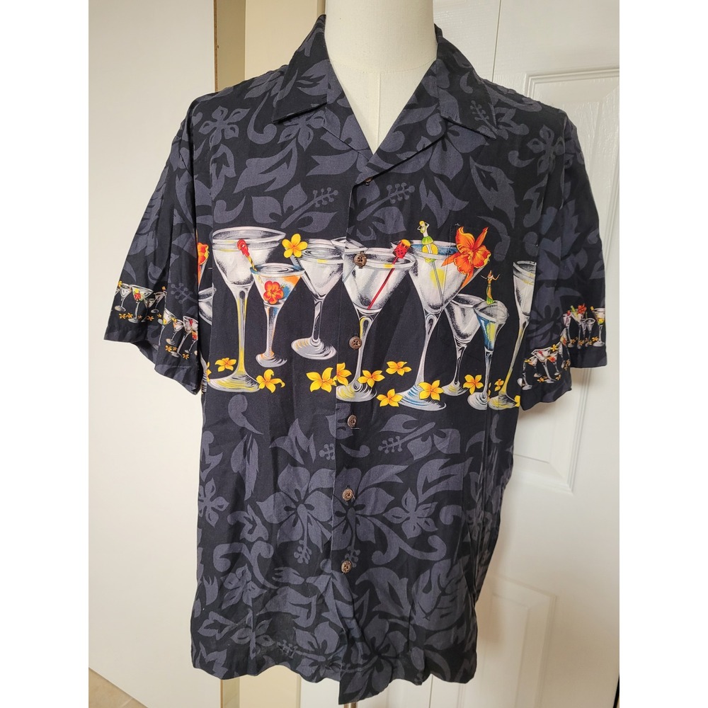 Kalaheo Mens Hawaiian Shirt Tropical Hula Martini Glass Cocktail Print Black USA